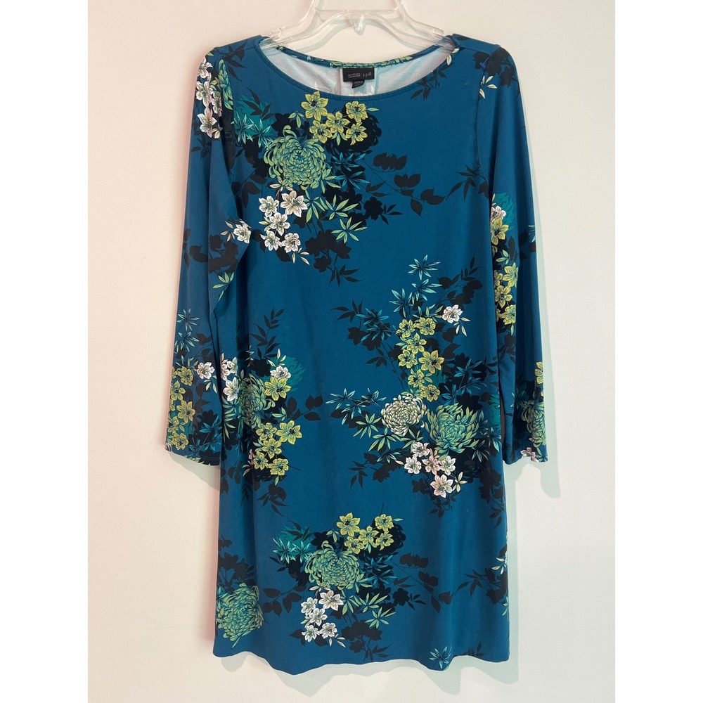 J. Jill Wearever Teal Floral 3/4 Sleeve Shift Dress Petite Large Stretch Jersey